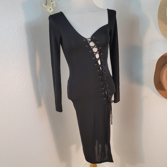 H:OURS x REVOLVE BRANDEN MIDI BLACK ASYMMETRICAL CUT LACE UP DRESS SIZE XSMALL - Picture 5 of 12